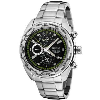 Seiko Men's SPL033 Premier Chronograph World Timer Black Dial Stainless Steel Watch Watches
