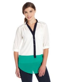 A. Byer Juniors Top Tunic with Collar Front Placket Tab Sleeves, Jade, Small