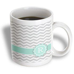 3dRose Letter R Monogrammed on Grey and White Chevron with Mint Gray Zigzags, Ceramic Mug, 11 Oz Kitchen & Dining