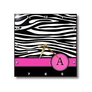 3dRose dpp_154272_3 Letter A Monogrammed on Black and White Zebra Stripes Animal Print with Hot Pink Personal Initial Wall Clock, 15 by 15 Inch  