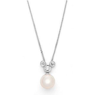 18k White Gold Cultured Akoya Pearl and Three Stone Diamond Pendant with Chain (0.20 cttw, H, SI) Jewelry