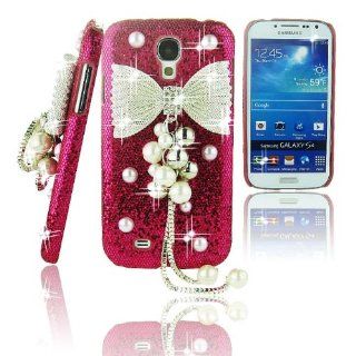 FiMeney Silvery Luxury Handmade Crystal Diamond Rhinestones Pearl Bow Bowknot Pendant Rose Red Glitter Back Hard Case Cover Shell For Samsung Galaxy S4 S IV GS4 4 I9500+ Cleaning Cloth + 2013 Calendar Card Cell Phones & Accessories