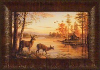 Quiet Evening by Mary Pettis 11x15 Deer Doe Buck Lake Log Cabin Framed Art Picture   Prints