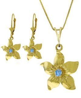 14k Blue Topaz Flower Necklace with Earrings Set Jewelry