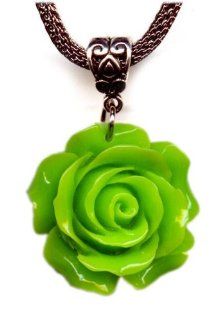 Lime Green Rose Flower Antiqued Silver Gunmetal Pendant Necklace 18 20 Inches Vintage Victorian Style Artist Jewelry Y Shaped Necklaces Jewelry
