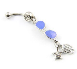 Surgical Steel Clear Gem Blue Glasses Dangle Navel Button Ring Belly Bar Ball Barbell 7/16 Inch 1.6mm 14 Guage Body Piercing Rings Jewelry