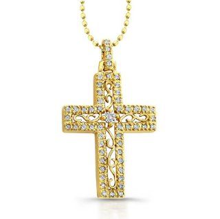 14k Yellow Gold Diamond Vintage Cross Pendant (1/5cttw, JK, I2 I3), 16" Yellow Gold Diamond Cross With Chain Jewelry