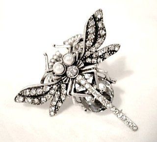 Mystical Dragonfly Stretch Ring C17 Clear Crystal Pearl Burnish Silver Tone Jewelry