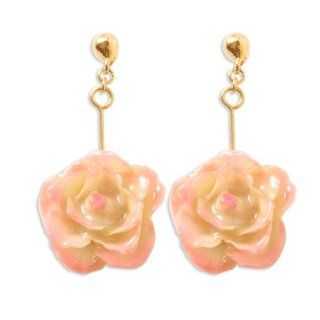 Lacquer Dipped Cream & Pink Rose Dangle Earrings Jewelry