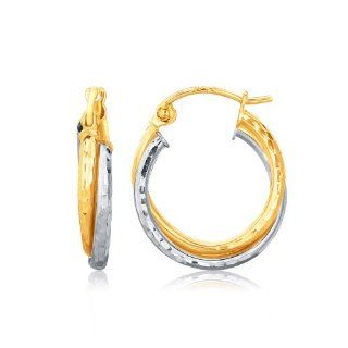 14K Two Tone Gold Interlaced Hoop Earrings with Hammered Texture Jewelry