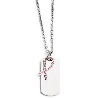New Genuine Chisel Stainless Steel Dog Tag with Pink CZ Awareness Ribbon Necklace Vishal Jewelry Jewelry