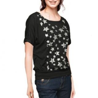 Ladies Short Dolman Sleeve Star Print Black T Shirt XS Blouses
