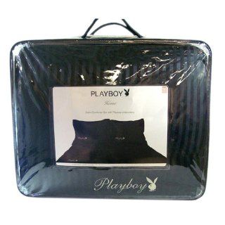 Playboy Bedding   Playboy Bunny Satin Comforter Set   Queen Size   Black Stripe  