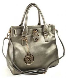 Women's Gray Leather like Front decorative lock Hand Bag F72 Clothing