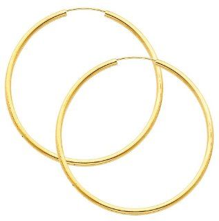 14K Yellow Gold 2mm Thickness High Polished Extra Large Endless Hoop Earrings (2.6" or 65mm Diameter) Jewelry