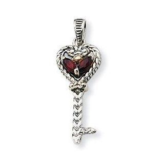 Sterling Silver Key Charm Pendant with 14k Yellow Gold Accent and 0.17 Ct Garnet Jewelry