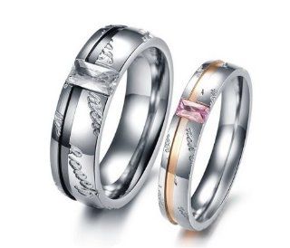 Athena Jewelry Titanium Series His & Hers Matching Set 6MM / 4MM Laser Engraved Titanium Couple Wedding Band Set Ring with Cubic Zirconia Stone(Size Selectable) Jewelry