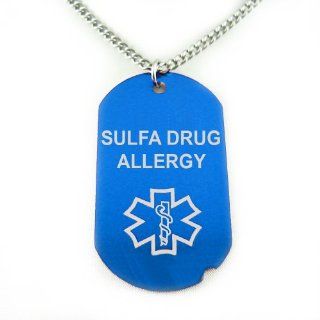 MyIDDr   SULFA ALLERGY Blue Medical ID Dog Tag, PRE ENGRAVED Pendant Necklaces Jewelry