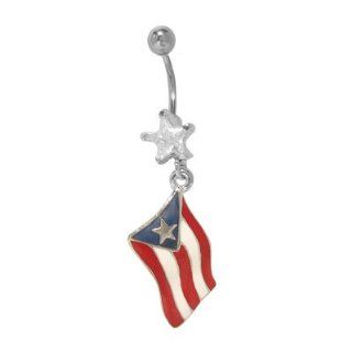 (14 gauge) Belly Button Ring with Dangling Puerto Rican Flag   PUR Jewelry