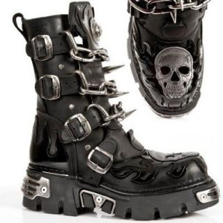 NEW ROCK, Men's Boots with Chains, Spikes ,Silver leather Skull details.Leather Uppers Lining. M.727 S1 Shoes