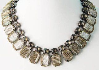 Fashion Gunmetal Tone Smoke Smoky Mesh Fabric Crystal Bulky Big Choker Necklace Jewelry