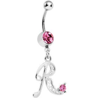 Passion Pink Jeweled Initial Dangle Belly Ring   Letter R Body Piercing Rings Jewelry