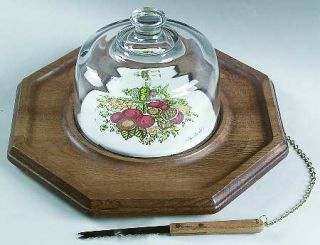 Corning Spice Of Life Cheese Dish W/Oct Wood Base,Glass Dome&Attachknife, Fine C