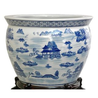 Oriental Furniture 18 Porcelain Landscape Fishbowl in Blue and White
