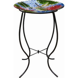 Alpine Dragonfly and Flowers Glass Birdbath with Stand