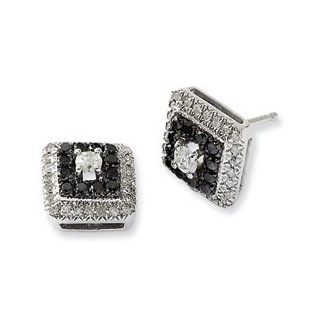 White Night Silver and Diamonds Collection   Sterling Silver Black and White Diamond Square Post Earrings in Gift Box Jewelry