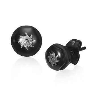 E745 6mm Black Stainless Steel Spiral Sun Emblem Hexagon Stud Earrings Mission Jewelry