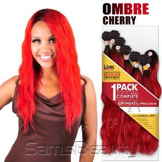LIVE UNPROCESSED BRAZILIAN VIRGIN REMY HUMAN HAIR WEAVE NATURAL WAVE 6 BUNDLES + FREE CLOSURE 12"+14"+16" (OMBRE CHERRY)  Hair Extensions  Beauty