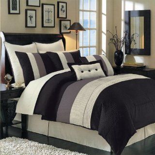 12 PIECES BEDDING SET LUXURY HUDSON COMFORTER SET QUEEN SIZE BLACK, BROWN & IVORY. INCLUDES 1  COMFORTER, 1  BED SKIRT WITH 15" DROP 2  STANDARD PILLOW SHAMS 2  EURO PILLOW SHAMS. 1  DECORATIVE PILLOW 12" x 18" 1  DECORATIVE PILLOW 18&q