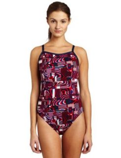 Speedo Womens Cubicle Endurance Plus Flyback Swimsuit, Navy/Red/White, 40 Clothing