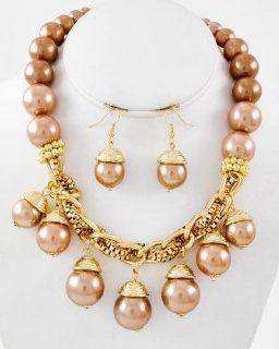 Women's Amber Synthetic Pearl Necklace and Earring Set Jewelry