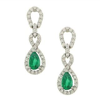 Pear Shaped Green Emerald and Halo Style Pave Diamond Dangle Earrings Jewelry