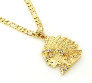 Hip Hop Iced Gold Tone Indian Chief Pendant Necklace Free 24" chain 