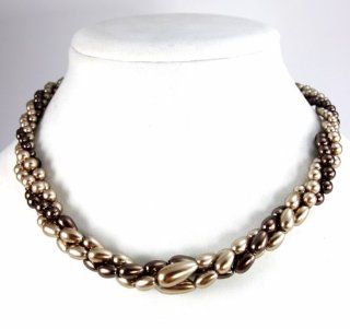 Roman Choker Necklace, Triple Strand Mocha (Brown) Teardrop and Graduated Round Imitation Pearl Twist Necklace Jewelry