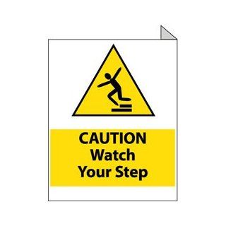 NMC TV17 Flanged Sign, Legend "CAUTION Watch Your Step" with graphic, 8" Length x 10" Height, Rigid Plastic, Black on Yellow Industrial Warning Signs