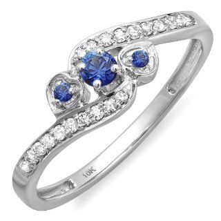 0.25 Carat (ctw) 10k White Gold Round Blue Sapphire And White Diamond Ladies Bridal Promise Heart 3 Stone Swirl Engagement Ring 1/4 CT Jewelry