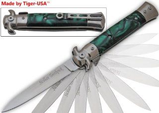 stock L 768 GE. 9" Sicilian Toothpick  Milano Stiletto Style Green pearl Handle 9" Sicilian Toothpick  Milano Stiletto Style Green pearl Handle. Blade made of 1045 Surgical Steel. Excellent Quality. Designed in Italy. Handcrafted by Tiger USA Kni