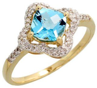 14k Gold Stone Ring, w/ 0.18 Carat Brilliant Cut Diamonds & 0.96 Carat 6mm Cushion Cut Blue Topaz Stone, 7/16" (11mm) wide, size 6.5 Jewelry