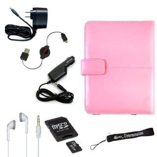 Pink Leather Cover Case, USB 2in1 Data Cable, Car Charger, and Wall Charger with 4 inch eBigValue TM Determination Hand Strap for the Sony Reader eBook Touch Edition PRS 600 + 4GB Mini SD Card with SD Card Adaptor (Good to listen to your 's with Son