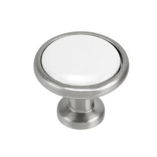 1 1/2" Drawer Cabinet Pull Knob Brushed Satin Nickel with White Ceramic Insert   Cabinet And Furniture Knobs  