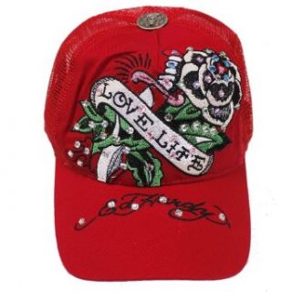 Ed Hardy Rhinestone Platinum Trucker Hat Cap   Rose Love Life (Red) at  Mens Clothing store Newsboy Caps