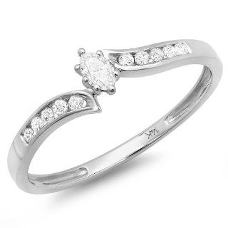 0.18 Carat (ctw) 14k White Gold Marquise & Round Diamond Ladies Swirl Engagement Bridal Ring Jewelry