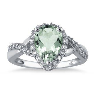 1.50 Carat Pear Shape Green Amethyst and Diamond Ring in 10K White Gold SZUL Jewelry