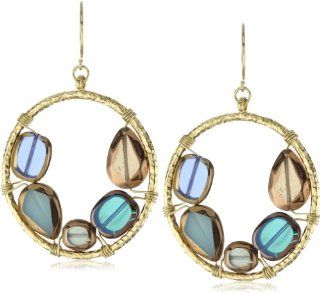 Sparkling Sage Antique Glass Blue Circle Pendant Necklace Gold Tone Earrings, 2" Dangle Earrings Jewelry