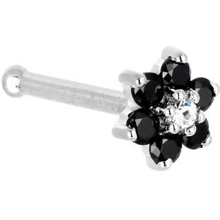 Solid 14KT White Gold Black and Clear Cubic Zirconia Flower Nose Bone   18 Gauge Jewelry