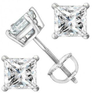 1/2 Carat Platinum Solitaire Diamond Stud Earrings Princess Cut 4 Prong Screw Back (J K Color, I2 Clarity) Houston Diamond District Jewelry